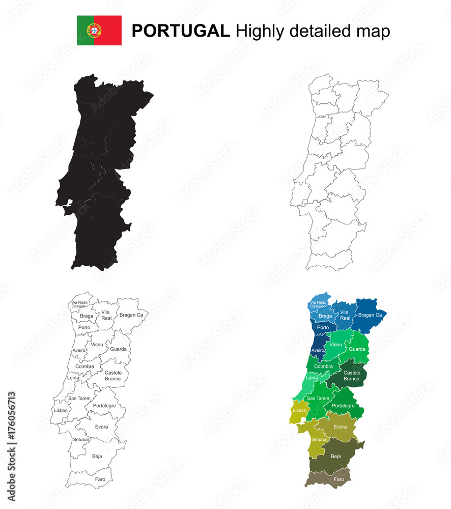 Outline of Portugal map (districts on separate layers) Stock