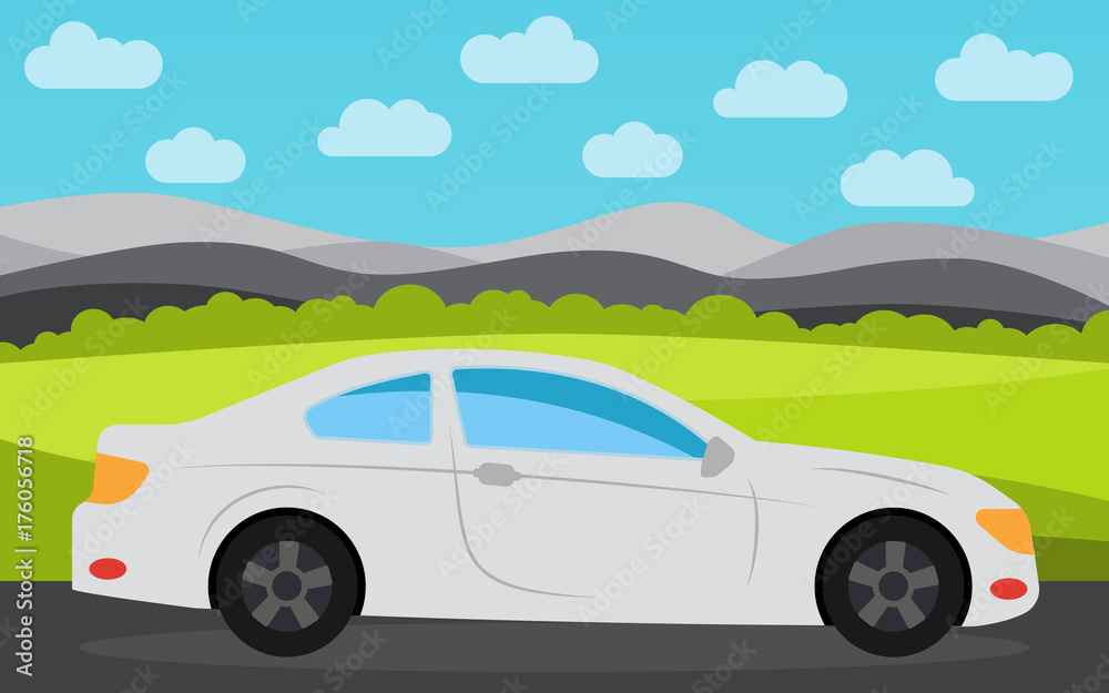 White sports car in the background of nature landscape in the daytime.  Vector illustration.
