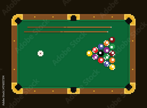 Pixel art green billiard table with colorful balls on a white background