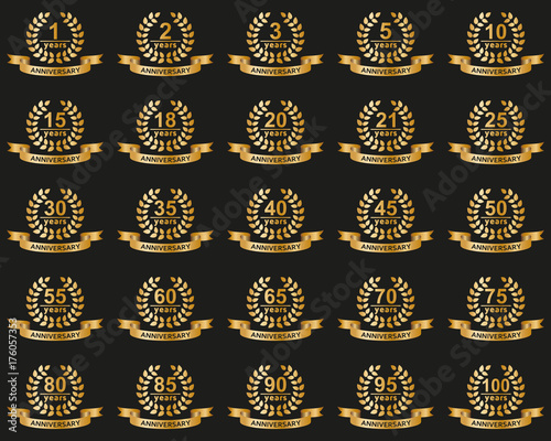 Laurel wreaths collection. Jubilee from 1 to 100 years. Vector illustration.