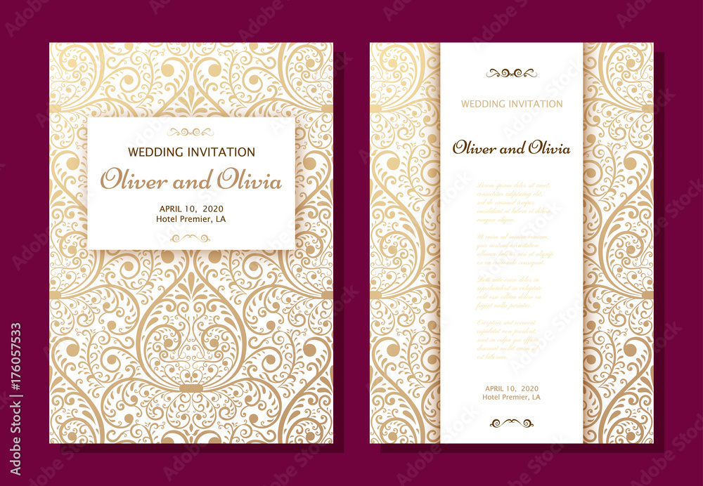 Set of wedding invitation templates. Cover design with gold Damask ornaments. Vector illustration Set of wedding invitation templates. Cover design with gold Damask ornaments. Vector illustration