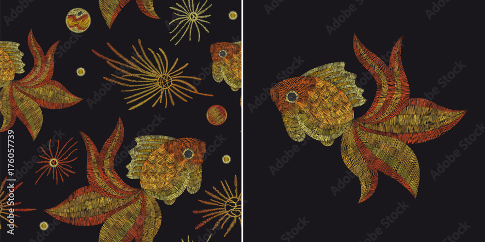 Fototapeta premium white lace, gold fish. Traditional folk stylish stylish floral embroidery on the black background. Sketch for printing on fabric, clothing, bag, accessories and design. Vector, trend
