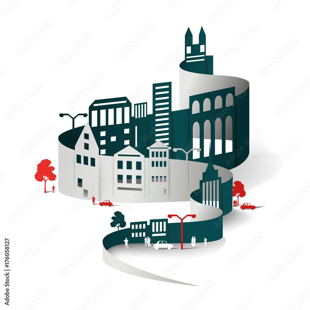 origami, cut paper, art, city, house, panorama, landscape, street life. vector, architecture