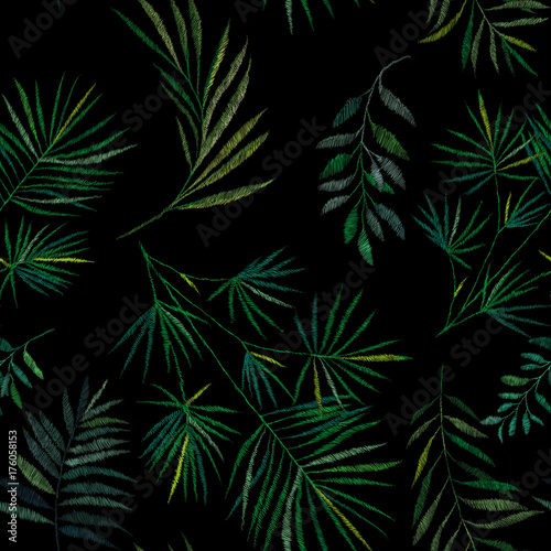 sketch for shirt. Tropical flowers and palm  orchid. Traditional folk stylish stylish embroidery stitch on a black background. Sketch for printing on clothing  fabric  bag  design.