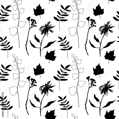 Floral vector seamless pattern with different hand drawn leaves, wild flowers...