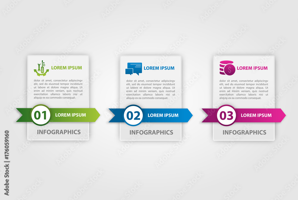 Vector illustration. An infographic template with 3 steps and an image of three rectangles. Use for business presentations, education, web design. Place for text and icons Vector illustration. An infographic template with 3 steps and an image of three rectangles. Use for business presentations, education, web design. Place for text and icons