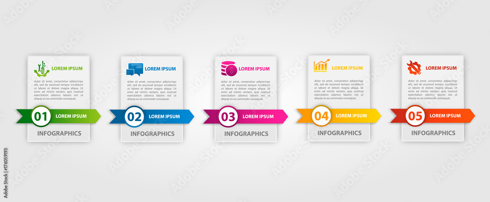 Vector illustration. An infographic template with 5 steps and an image of five rectangles. Use for business presentations, education, web design. Place for text and icons Vector illustration. An infographic template with 5 steps and an image of five rectangles. Use for business presentations, education, web design. Place for text and icons