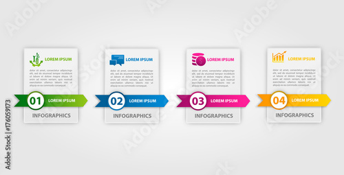 Vector illustration. An infographic template with 4 steps and an image of four rectangles and circles. Use for business presentations, education, web design. Place for text and icons