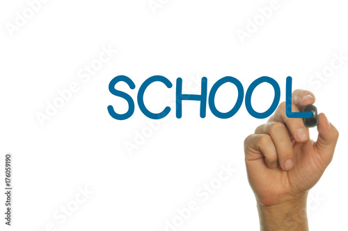 Hand writing SCHOOL in Blue on Screen
