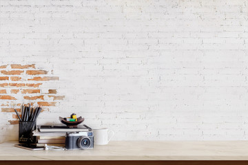 Loft Mock up white table and books, minimal stuff on desk. copy space for product display montage. Stylish workspace concept.