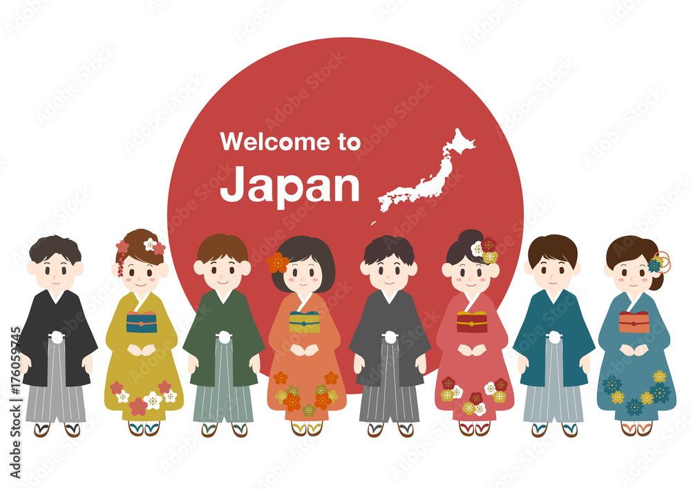 ようこそ日本へ イラスト 着物の男女 白背景 Stock Vector Adobe Stock