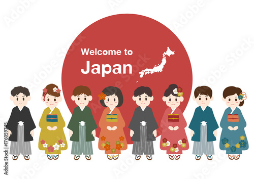 ようこそ日本へイラスト着物の男女白背景stock Vector Adobe Stock