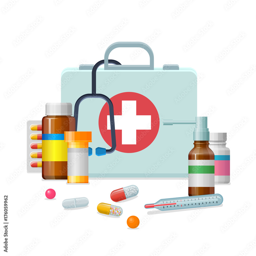 First aid kit medicine cartoon style isolated. Doctor's first-aid kit in a  cartoon style and isolated for designers and illustrators. Medicine chest  with tools and drugs as vector illustration. Stock Vector |