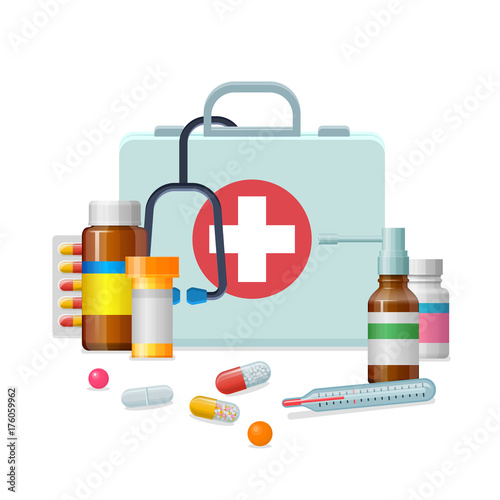 First aid kit medicine cartoon style isolated. Doctor's first-aid kit in a cartoon style and isolated for designers and illustrators. Medicine chest with tools and drugs as vector illustration.
