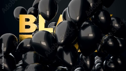 3d CGI animation of black glossy balloons flying over golden text Black Friday. Perfect video for black friday sales. photo