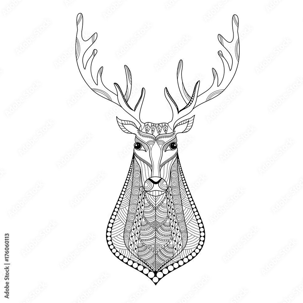 Deer head zentangle stylized for adult coloring book page.vector illustration.