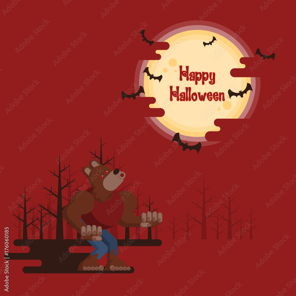 Happy Halloween, werewolf howling at night in a forest under glowing full moon and flying bats with dark shadow on red background in cartoon style