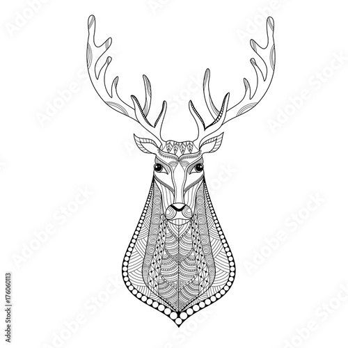 Deer head zentangle stylized for adult coloring book page.vector illustration.
