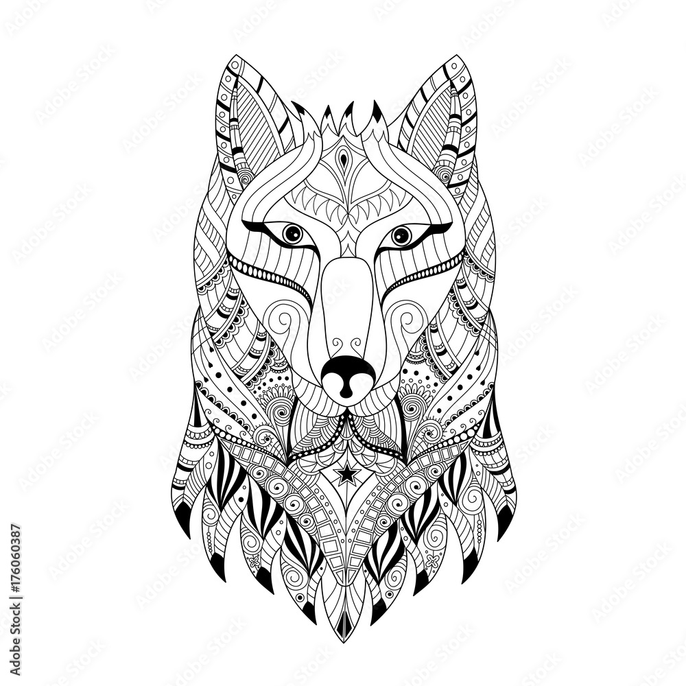 Hand drawn zentangle wolf head for adult and children coloring book ...