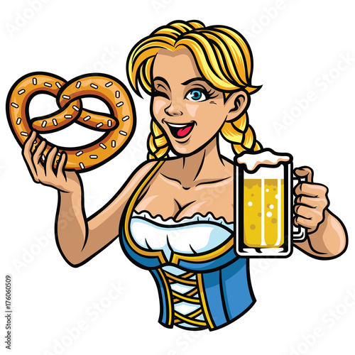sexy oktoberfest girl with pretzel and beer