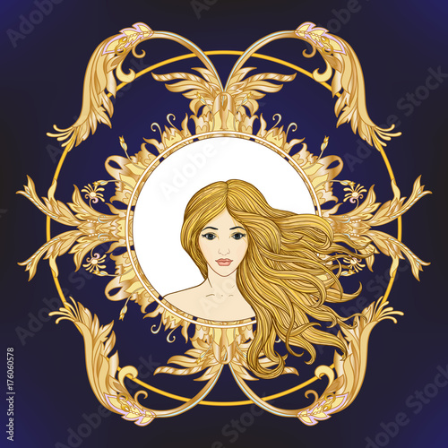 Young beautiful girl with long hair in rich decorated floral pat