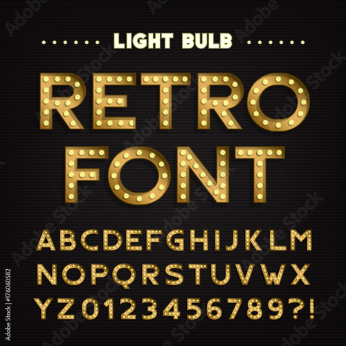 Retro sign alphabet. Vintage light bulb type letters and numbers. Signboard font. Stock vector typeface for your headers and any typography design.