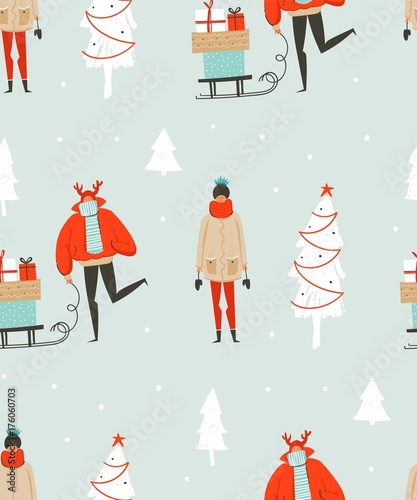 Hand drawn vector abstract fun Merry Christmas time illustration seamless pattern with people in winter clothing many surprise gift boxes on sleigh and xmas trees isolated on blue background