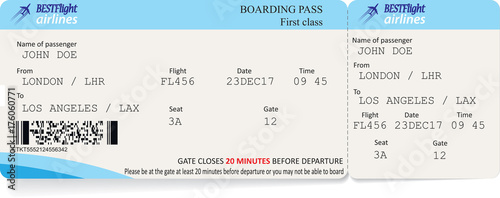 Vector template of boarding pass tickets. Concept of trip or travel