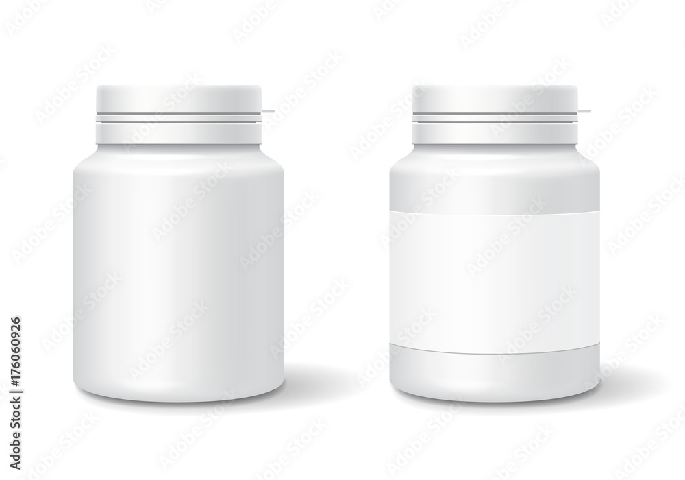 White medicine plastic bottle for tablets, pills. Realistic packaging mockup template. Vector illustration White medicine plastic bottle for tablets, pills. Realistic packaging mockup template. Vector illustration