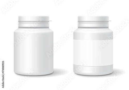 White medicine plastic bottle for tablets, pills. Realistic packaging mockup template. Vector illustration
