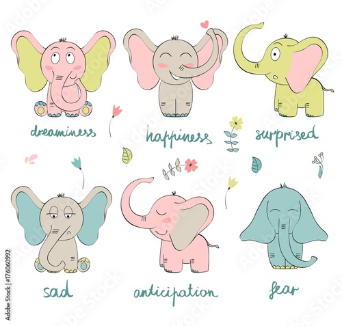Set of cartoon elephants with various emotions.
