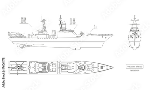 Blueprint of military ship. Top, front and side view. Battleship model. Industrial drawing. Warship in outline style
