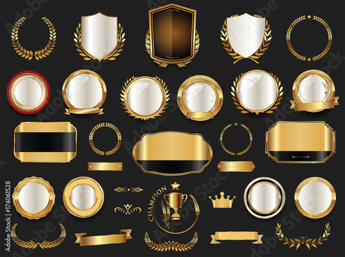 Gold and silver shields laurel wreaths and badges collection