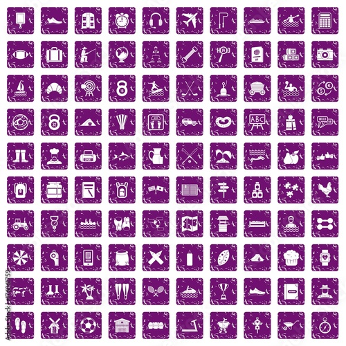 100 activity icons set grunge purple
