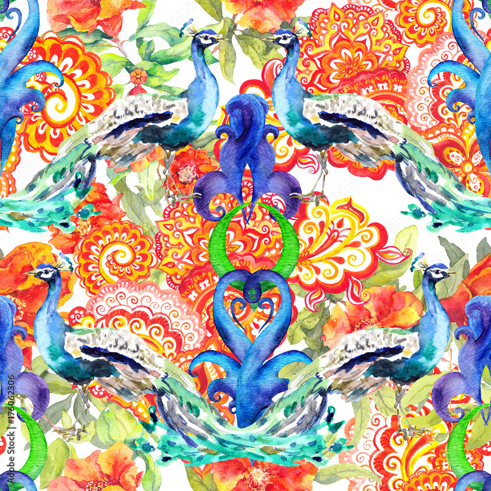 Seamless floral pattern - flowers, peacock birds, eastern decor with paisley. Watercolor