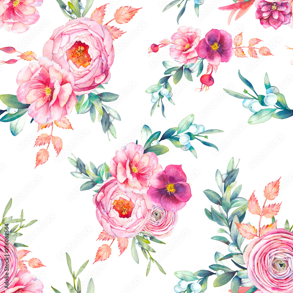 Watercolor seamless pattern with peonies flowers, snowberry, mistletoe, eucalyptus leaves. Repeating background with floral elements, peony, roses, ranunculus flowers. Garden style texture