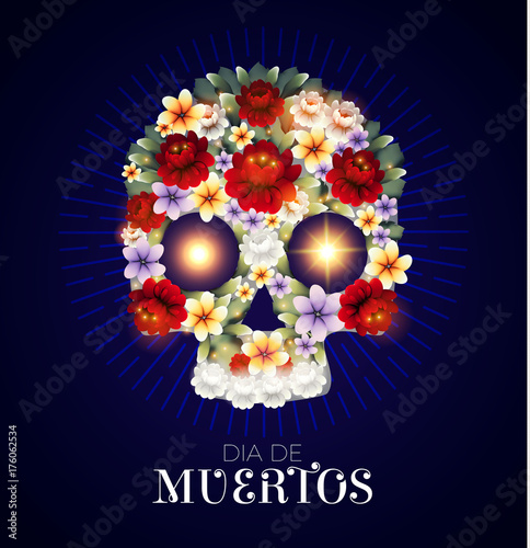 Day of the Dead Background with Traditional Mexican Scull with Flowers and Light Effects. Dia de los Muertos.Vector illustration