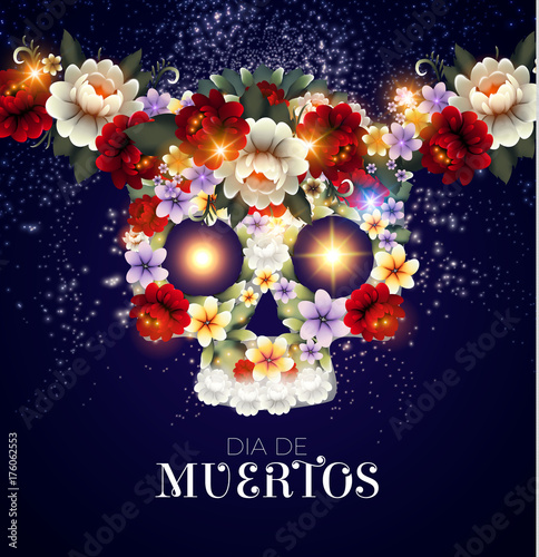 Day of the Dead Background with Traditional Mexican Scull with Flowers and Light Effects. Dia de los Muertos.Vector illustration
