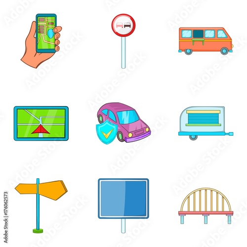 Driving away icons set, cartoon style
