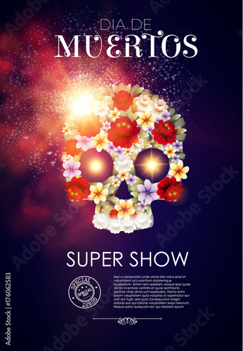Day of the Dead Background with Traditional Mexican Scull with Flowers and Light Effects. Dia de los Muertos.Vector illustration
