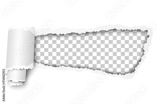Torn, snatched hole in white paper. Transparent checkered background of the resulting window. Vector template paper design.