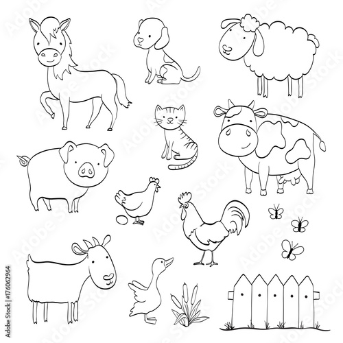coloring page with cartoon set of farm animals isolated on white. vector illustration