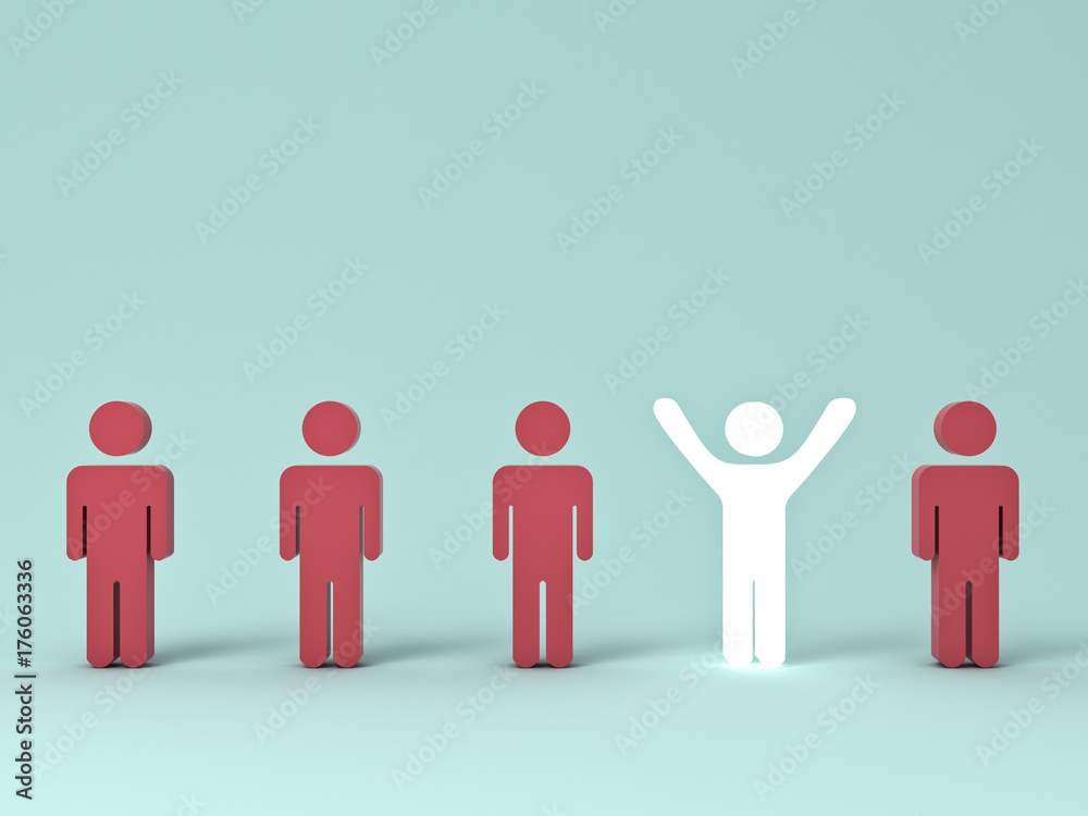 Stand out from the crowd and different creative idea concepts , One glowing light man standing with arms wide open among other red people on green pastel color background with shadows . 3D rendering. Stand out from the crowd and different creative idea concepts , One glowing light man standing with arms wide open among other red people on green pastel color background with shadows . 3D rendering.