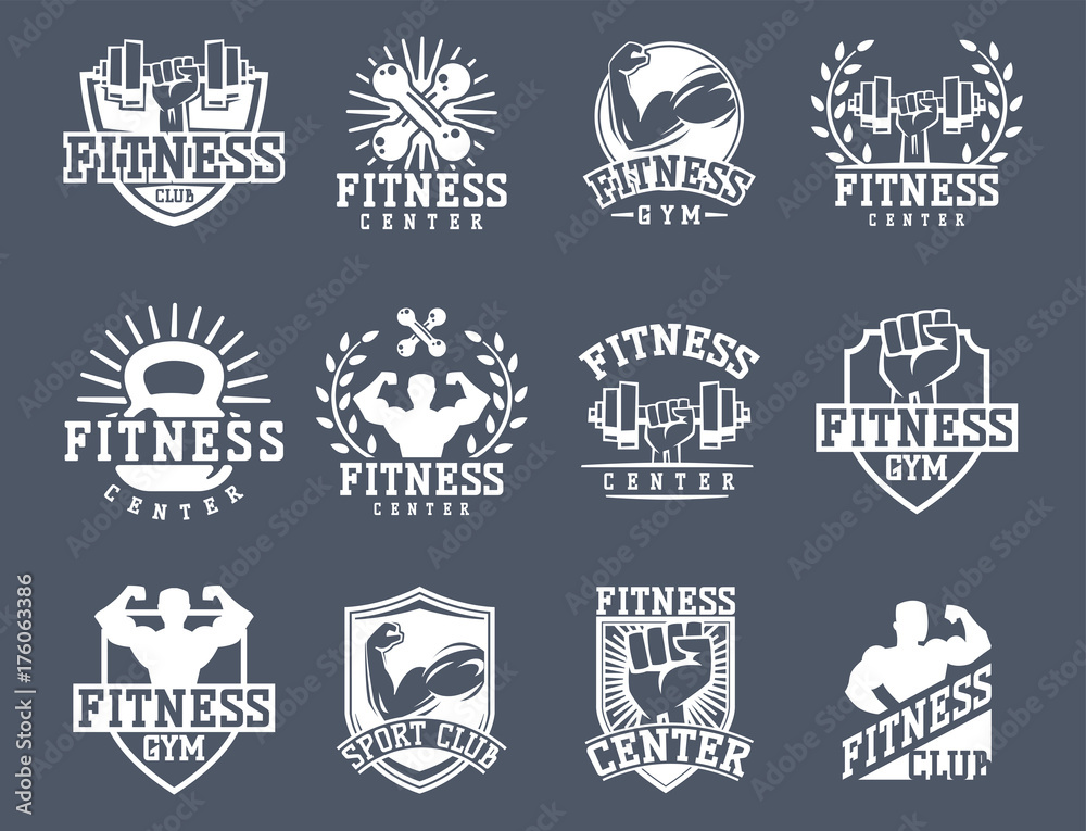Fototapeta premium Monochrome fitness emblem design element gym sport club strong equipment silhouette vector illustration.