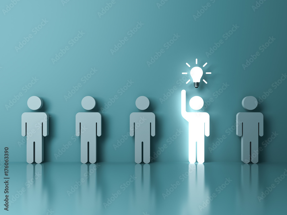 Stand out from the crowd and different concept , One glowing light man raising his hand got an idea bulb among other people on light green pastel color background with reflections . 3D rendering. Stand out from the crowd and different concept , One glowing light man raising his hand got an idea bulb among other people on light green pastel color background with reflections . 3D rendering.