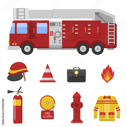 Fire safety equipment emergency tools firefighter safe danger accident protection vector illustration.