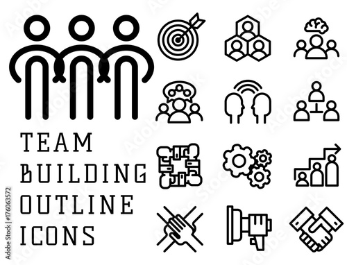 Vector illustration business team building people concept teambuilding work management outline trainings icons.