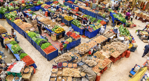 Top view of popular Melike Hatun Bazaar or kadinlar pazari(Women Bazaar) that is a traditional Turkish grocery bazaar where people buy Vegetables, fruits and spices in Konya,Turkey.28 August 2017