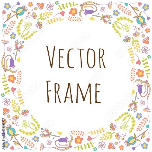 Colorful vector hand drawn set cartoon doodle plants and flowers. Round frame composition.