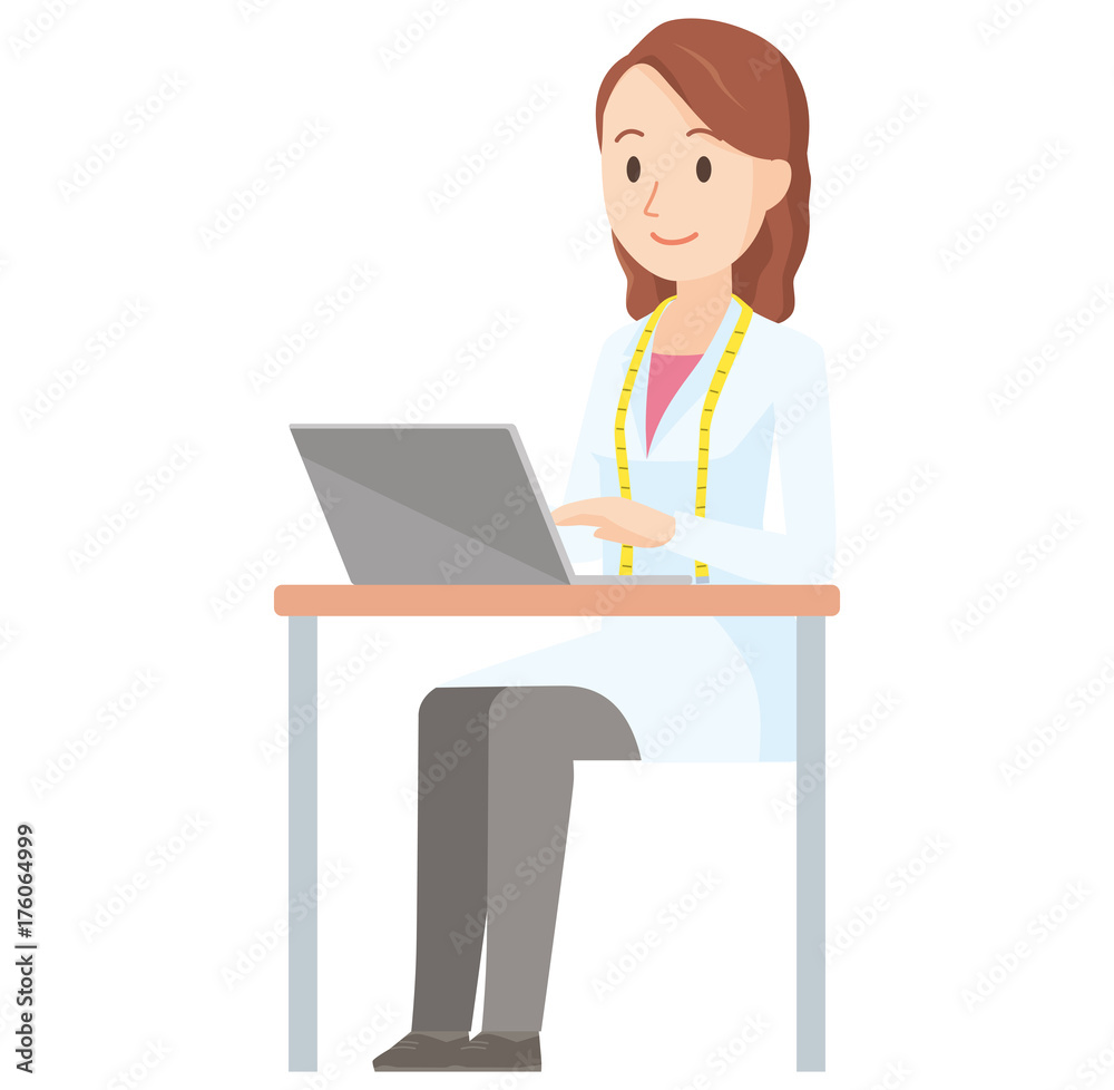 Illustration of a female nutritionist operating a laptop computer - whole body Illustration of a female nutritionist operating a laptop computer - whole body